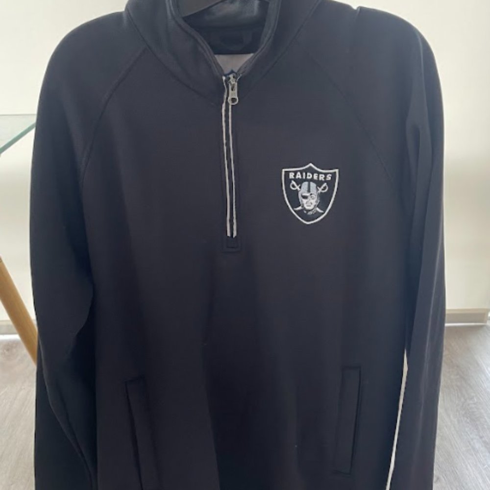 Men's NFL All Black Oakland Raiders Half-Zip Pullover Jacket, Pockets, No Hood
